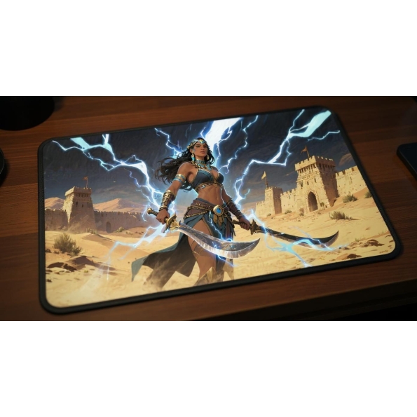 Custom gaming playmat design featuring a magic with lightning, warrior in fantasy style optimized for landscape format cre...