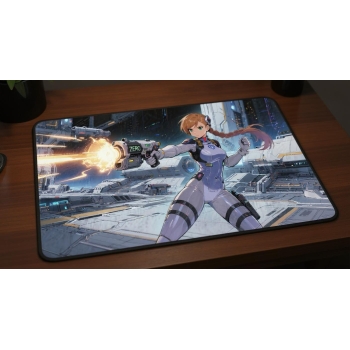 Custom gaming playmat design featuring a warrior in sci-fi style optimized for landscape format created by Bozo Egg