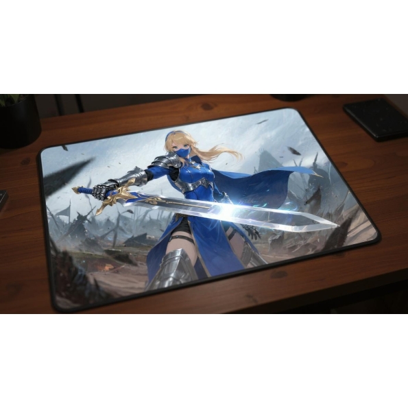 Custom gaming playmat design featuring a sword with armor, fire with blue tones optimized for landscape format created by ...