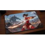 Custom gaming playmat design featuring a sword with warrior in nature style with red tones creating a epic atmosphere opti...