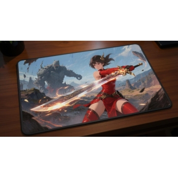 Custom gaming playmat design featuring a sword with warrior in nature style with red tones creating a epic atmosphere opti...