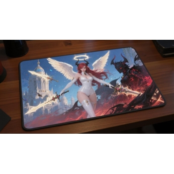 Custom gaming playmat design featuring a demon in dark style with white tones optimized for landscape format created by Bo...