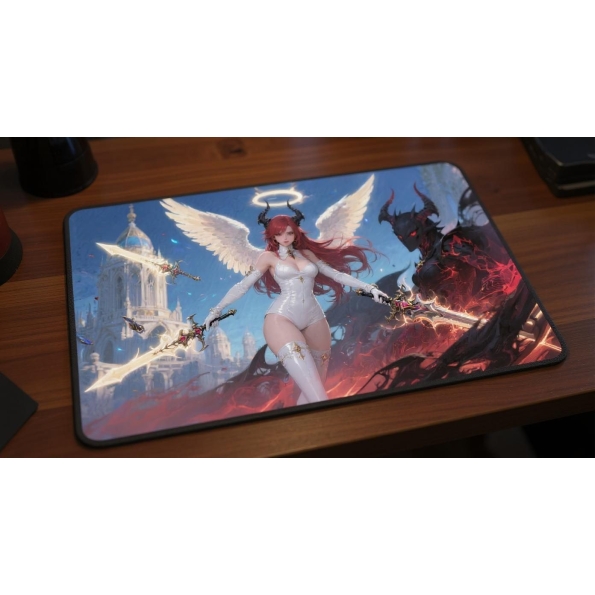 Custom gaming playmat design featuring a demon in dark style with white tones optimized for landscape format created by Bo...