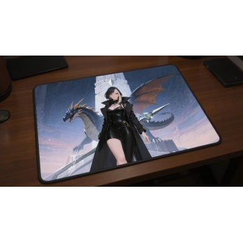 Custom gaming playmat design featuring artwork inspired by 'A champion trainer artwork in ...' with black tones creating a...