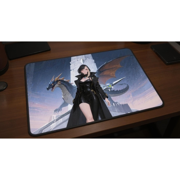 Custom gaming playmat design featuring artwork inspired by 'A champion trainer artwork in ...' with black tones creating a...