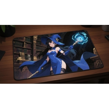Custom gaming playmat design featuring a staff with magic in fantasy style with blue tones creating a ethereal atmosphere ...