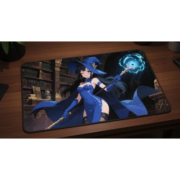 Custom gaming playmat design featuring a staff with magic in fantasy style with blue tones creating a ethereal atmosphere ...