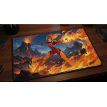 Custom gaming playmat design featuring a fire with warrior in nature style featuring red and orange colors creating a epic...