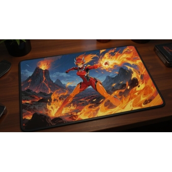 Custom gaming playmat design featuring a fire with warrior in nature style featuring red and orange colors creating a epic...