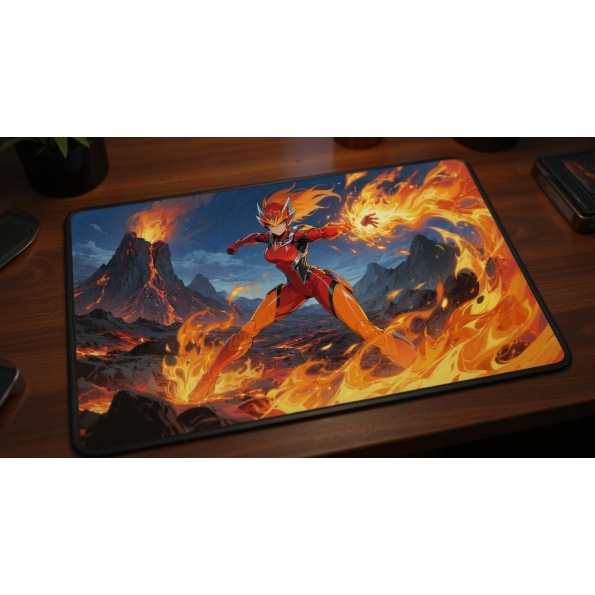 Custom gaming playmat design featuring a fire with warrior in nature style featuring red and orange colors creating a epic...