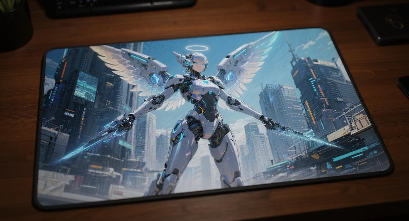 Custom gaming playmat design featuring a armor with angel in sci-fi style optimized for landscape format created by Bozo Egg