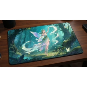 Custom gaming playmat design featuring a wind with magic, forest in fantasy style creating a ethereal atmosphere optimized...