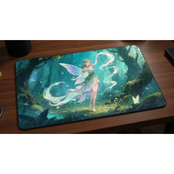 Custom gaming playmat design featuring a wind with magic, forest in fantasy style creating a ethereal atmosphere optimized...