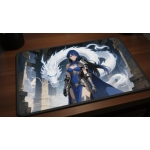 Custom gaming playmat design featuring a armor with spirit, dragon in fantasy style featuring red and blue colors optimize...