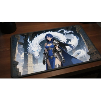 Custom gaming playmat design featuring a armor with spirit, dragon in fantasy style featuring red and blue colors optimize...