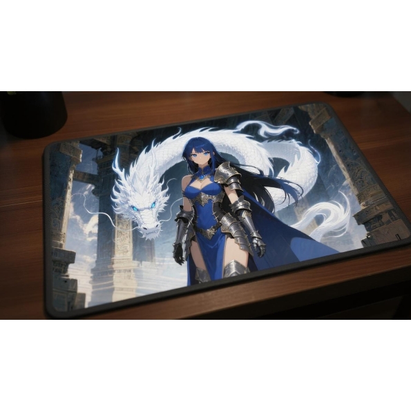 Custom gaming playmat design featuring a armor with spirit, dragon in fantasy style featuring red and blue colors optimize...