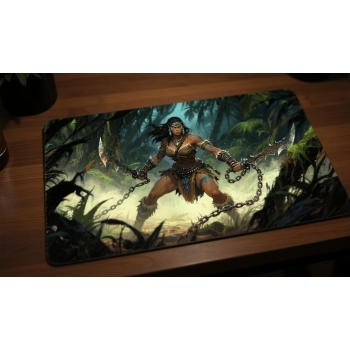 Custom gaming playmat design featuring a monster with warrior optimized for landscape format created by Bozo Egg