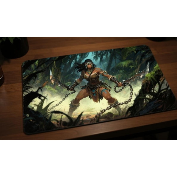 Custom gaming playmat design featuring a monster with warrior optimized for landscape format created by Bozo Egg