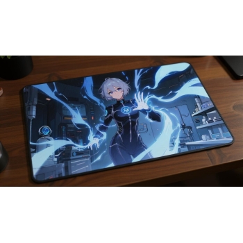 Custom gaming playmat design featuring artwork inspired by 'A psychic illustration in anim...' in sci-fi style optimized f...