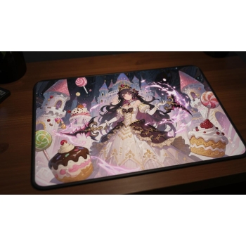 Custom gaming playmat design featuring a monster with castle, queen in fantasy style creating a ethereal atmosphere optimi...