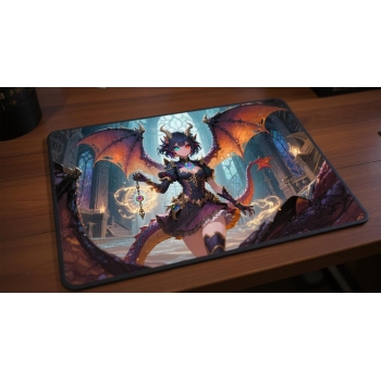 Custom gaming playmat design featuring a dragon in fantasy style creating a ethereal atmosphere optimized for landscape fo...