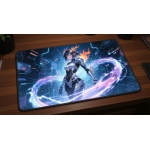 Custom gaming playmat design featuring a armor with dragon in sci-fi style optimized for landscape format created by Bozo Egg