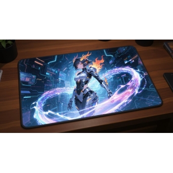 Custom gaming playmat design featuring a armor with dragon in sci-fi style optimized for landscape format created by Bozo Egg