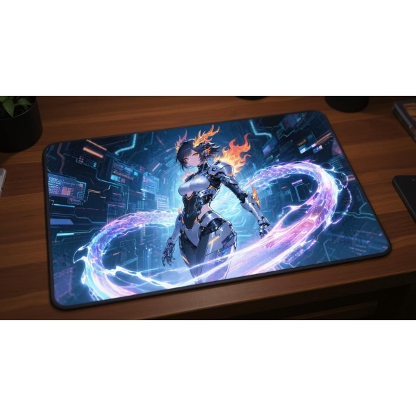 Custom gaming playmat design featuring a armor with dragon in sci-fi style optimized for landscape format created by Bozo Egg