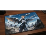 Custom gaming playmat design featuring a warrior in portrait style optimized for landscape format created by Bozo Egg