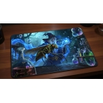 Custom gaming playmat design featuring a wizard with creature in fantasy style with blue tones creating a dramatic atmosph...