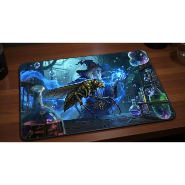 Custom gaming playmat design featuring a wizard with creature in fantasy style with blue tones creating a dramatic atmosph...