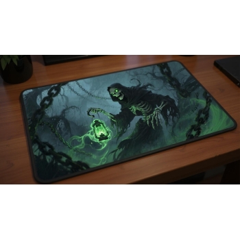 Custom gaming playmat design featuring artwork inspired by 'A dark fantasy illustration in...' in dark style featuring gre...