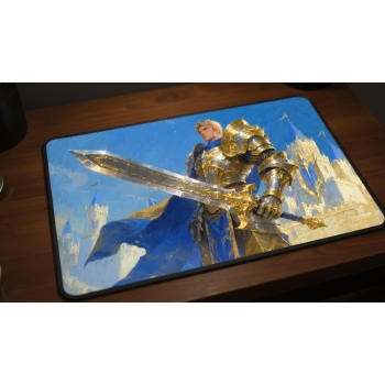 Custom gaming playmat design featuring a sword with armor, castle in fantasy style featuring red and blue colors creating ...