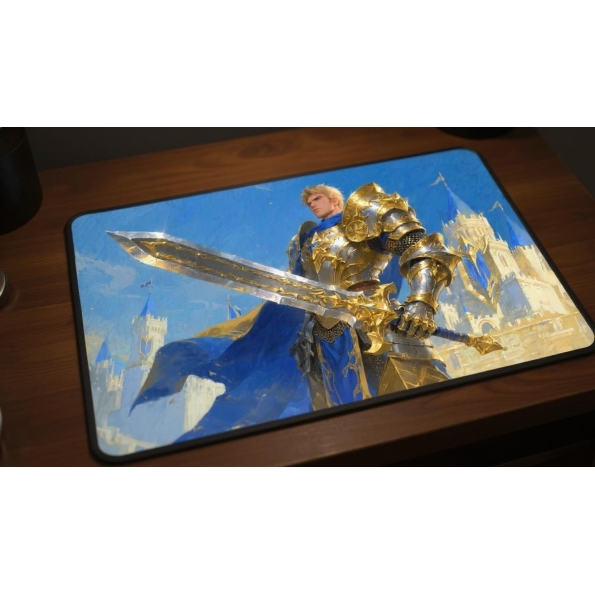 Custom gaming playmat design featuring a sword with armor, castle in fantasy style featuring red and blue colors creating ...