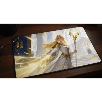 Custom gaming playmat design featuring a staff with magic, mage in fantasy style featuring white and gold colors optimized...