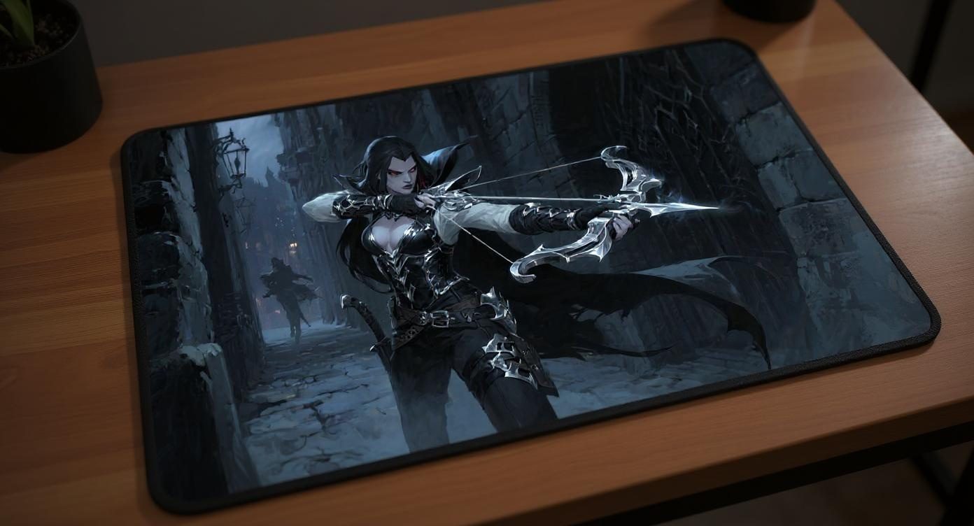 Custom gaming playmat design featuring a magic in dark style featuring black and silver colors optimized for landscape for...