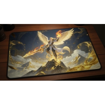 Custom gaming playmat design featuring a sword with magic, fire in fantasy style featuring white and gold colors creating ...