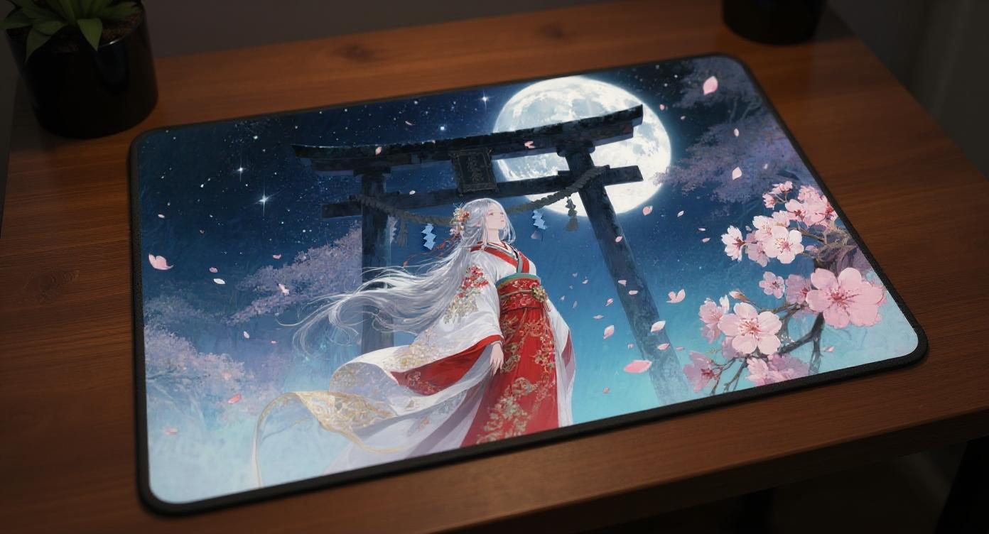 Custom gaming playmat design featuring artwork inspired by 'Moonlit Shrine Maiden A mystic...' featuring red and white col...