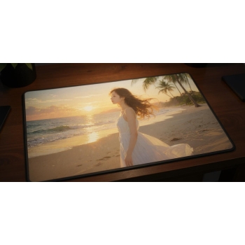 Custom gaming playmat design featuring a ocean in nature style featuring white and gold colors creating a peaceful atmosph...
