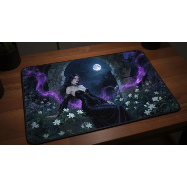 Custom gaming playmat design featuring a magic in fantasy style with purple tones optimized for landscape format created b...