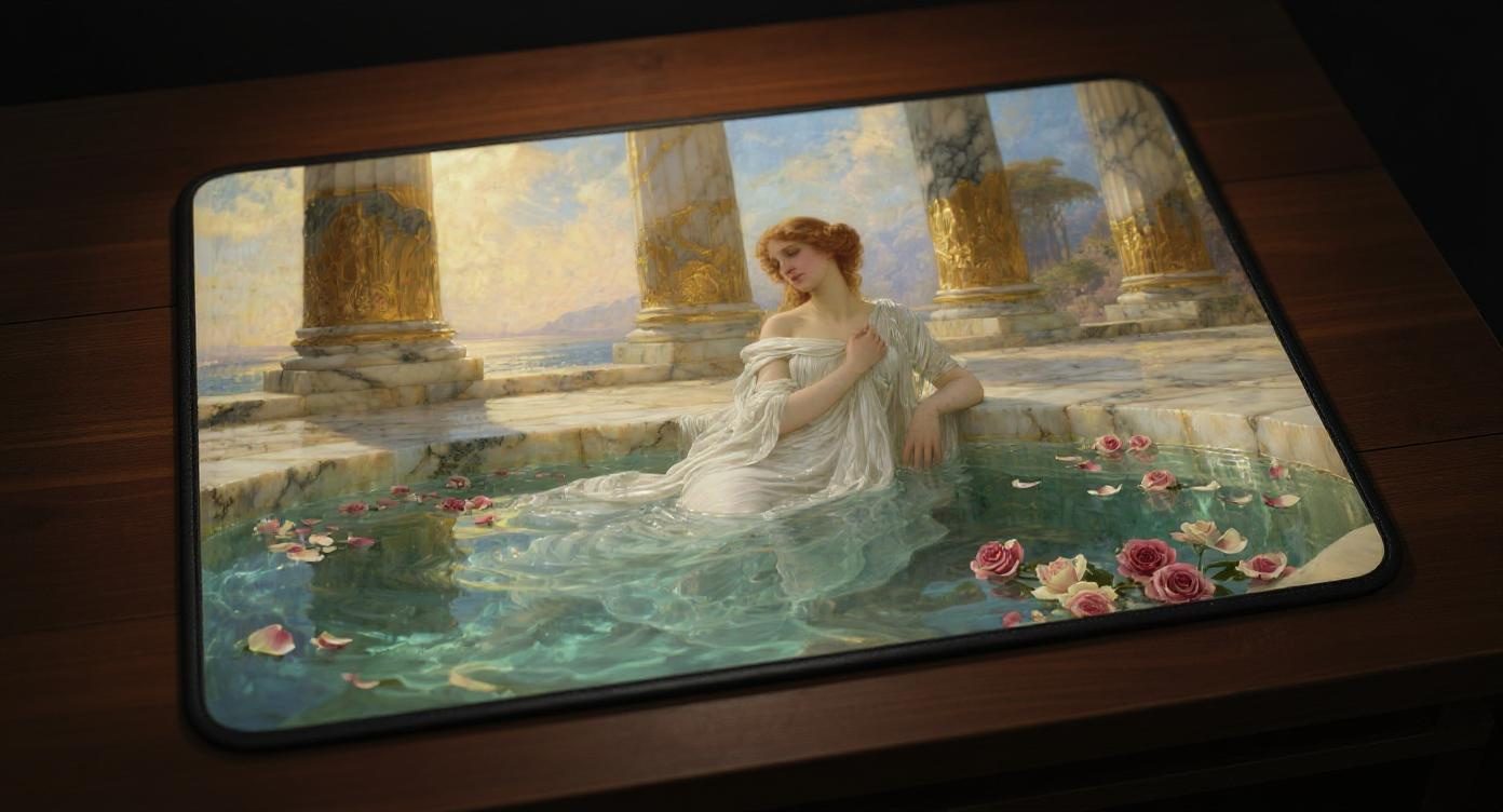 Custom gaming playmat design featuring artwork inspired by 'Elspeth's Temple Bath A serene...' in portrait style featuring...