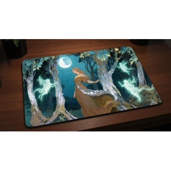 Custom gaming playmat design featuring a earth with magic, forest in nature style with silver tones creating a ethereal at...