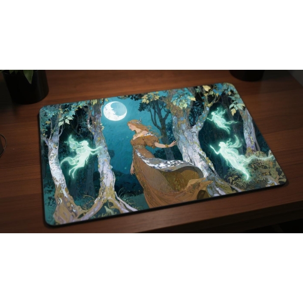 Custom gaming playmat design featuring a earth with magic, forest in nature style with silver tones creating a ethereal at...