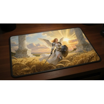 Custom gaming playmat design featuring a knight with warrior in fantasy style featuring white and gold colors optimized fo...