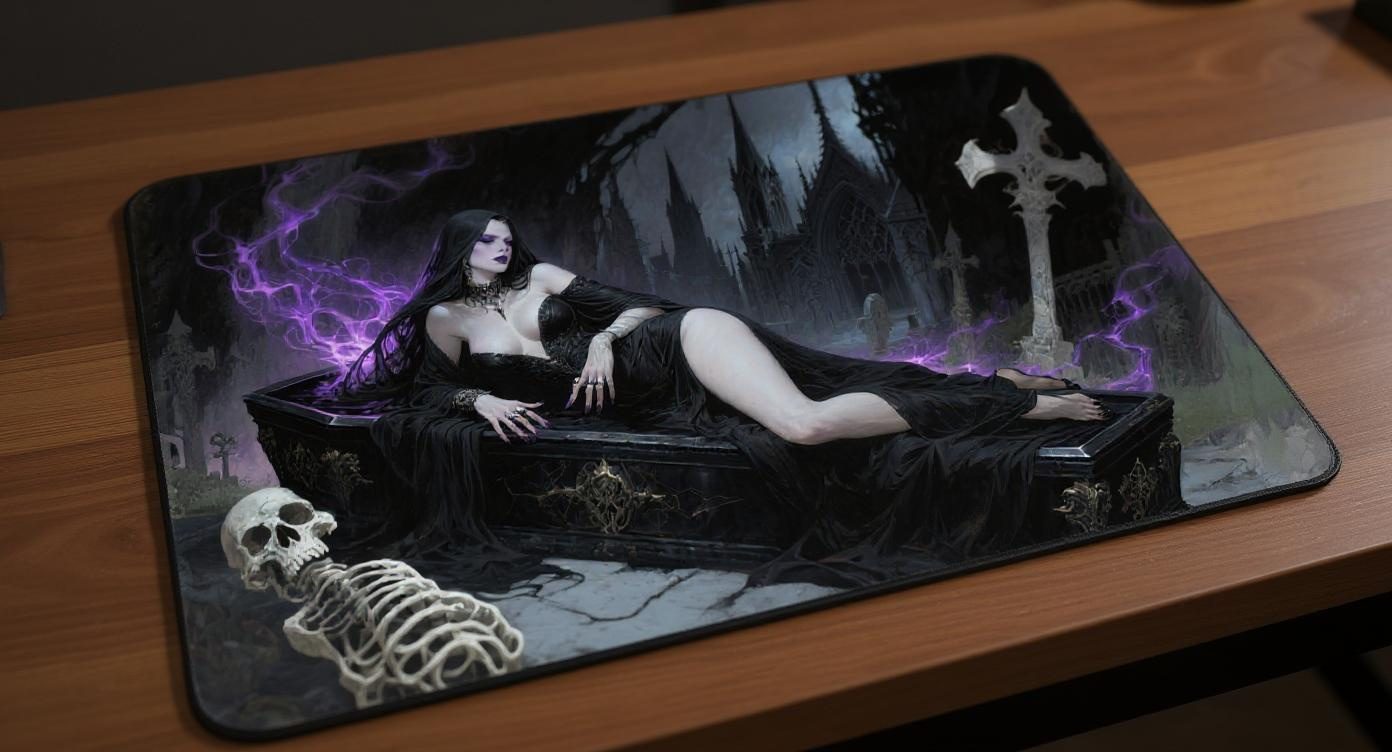 Custom gaming playmat design featuring a magic in dark style featuring black and violet colors optimized for landscape for...