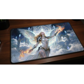 Custom gaming playmat design featuring a fire with armor, warrior in fantasy style with red tones creating a ethereal atmo...