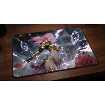 Custom gaming playmat design featuring a armor with lightning, warrior in animal style featuring pink and gold colors crea...