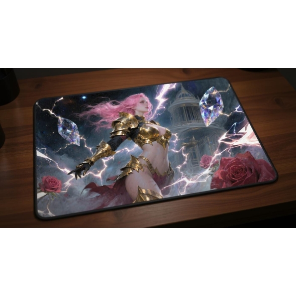 Custom gaming playmat design featuring a armor with lightning, warrior in animal style featuring pink and gold colors crea...