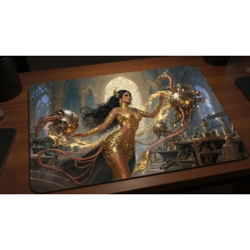 Custom gaming playmat design featuring artwork inspired by 'Saheeli's Artifice Incarnate A...' in animal style featuring r...