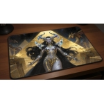 Custom gaming playmat design featuring a dragon in fantasy style featuring gold and amber colors optimized for landscape f...
